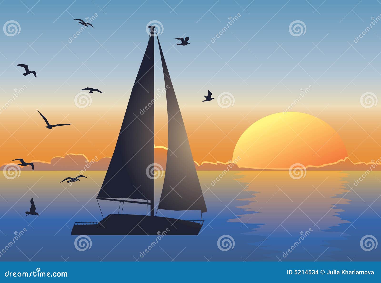 Fond de mer de coucher du soleil avec des silhouettes de yacht et de ...